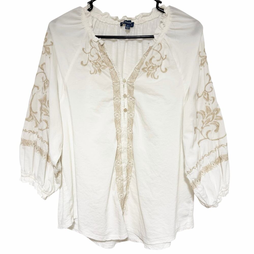 DEMOCRACY Embroidered Boho Blouse White Size Large Floral Bohemian Mixed Media